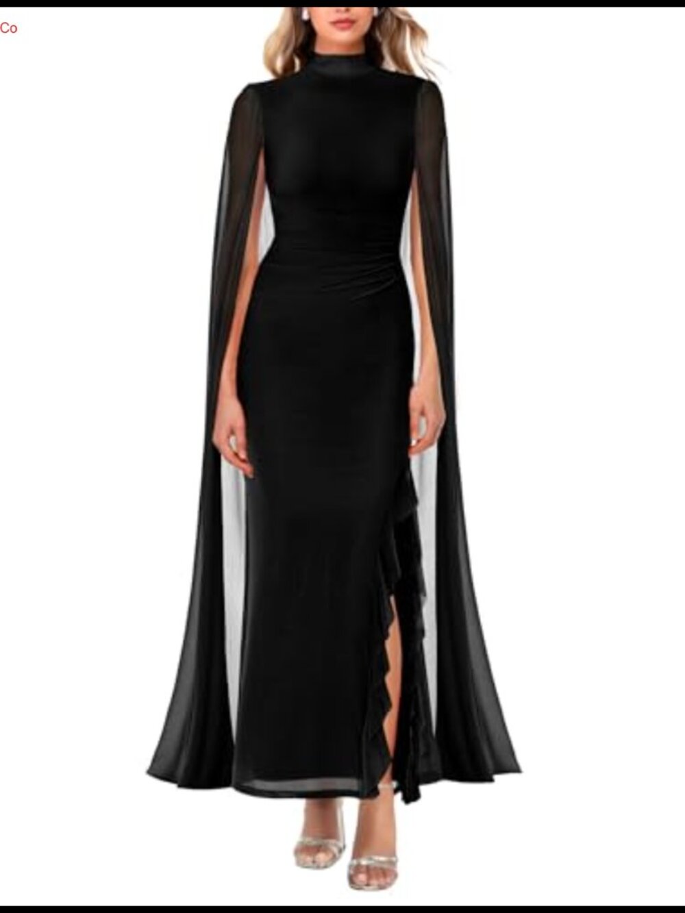 Women's Formal Maxi Dress Ruffle High Split Long Sleeve Mesh Ruched Bodycon